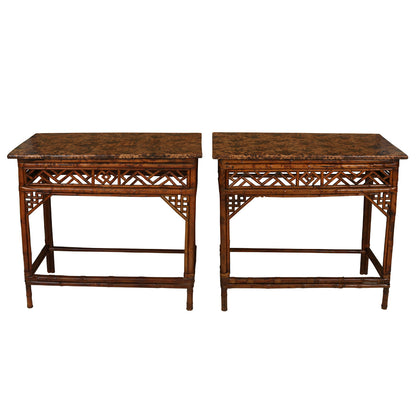 PAIR OF VINTAGE BAMBOO FRETWORK CONSOLES