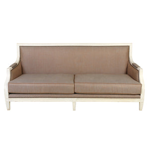 FRENCH WHITE FRAME SOFA WITH BEIGE UPHOLSTERY