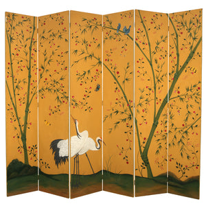 A JAPANESE SIX PANEL FOLDING CRANE MOTIF SCREEN