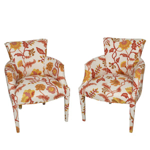 PAIR OF NEWLY UPHOLSTERED DONGHIA STYLE ARM CHAIRS IN QUADRILLE FABRIC