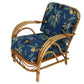 NEWLY REFURBISHED LARGE VINTAGE RATTAN SET OF ONE SOFA, OTTOMAN, PAIR OF CLUB CHAIRS, AND FOUR ARM CHAIRS IN JOSEF FRANC BLUE TROPICAL FABRIC