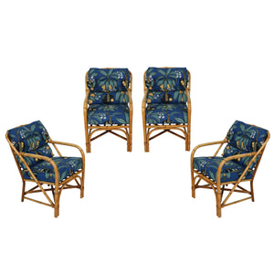 NEWLY REFURBISHED LARGE VINTAGE RATTAN SET OF ONE SOFA, OTTOMAN, PAIR OF CLUB CHAIRS, AND FOUR ARM CHAIRS IN JOSEF FRANC BLUE TROPICAL FABRIC