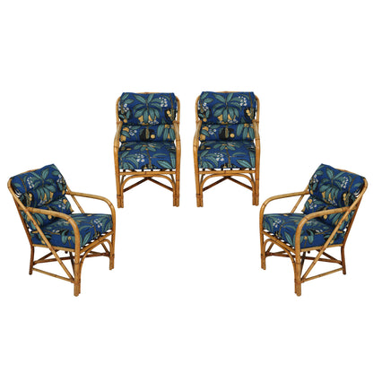NEWLY REFURBISHED LARGE VINTAGE RATTAN SET OF ONE SOFA, OTTOMAN, PAIR OF CLUB CHAIRS, AND FOUR ARM CHAIRS IN JOSEF FRANC BLUE TROPICAL FABRIC