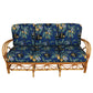 NEWLY REFURBISHED LARGE VINTAGE RATTAN SET OF ONE SOFA, OTTOMAN, PAIR OF CLUB CHAIRS, AND FOUR ARM CHAIRS IN JOSEF FRANC BLUE TROPICAL FABRIC