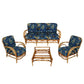 NEWLY REFURBISHED LARGE VINTAGE RATTAN SET OF ONE SOFA, OTTOMAN, PAIR OF CLUB CHAIRS, AND FOUR ARM CHAIRS IN JOSEF FRANC BLUE TROPICAL FABRIC