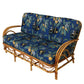 NEWLY REFURBISHED LARGE VINTAGE RATTAN SET OF ONE SOFA, OTTOMAN, PAIR OF CLUB CHAIRS, AND FOUR ARM CHAIRS IN JOSEF FRANC BLUE TROPICAL FABRIC