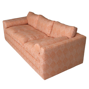 NEWLY UPHOLSTERED MILO BAUGHMAN STYLE MIDCENTURY SOFA IN ORANGE DIAMOND FABRIC