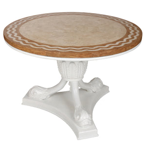 ROUND REGENCY STYLE CENTER TABLE, MARBLE TOP WOOD CARVED BASE.