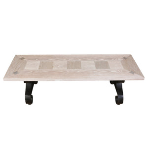 CERUSED OAK COFFEE TABLE WITH SCROLL IRON BASE