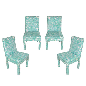 SET OF FOUR PARSONS STYLE SIDE CHAIRS IN CUSTOM MEG BRAFF DESIGNS VIENNA WOODS FABRIC