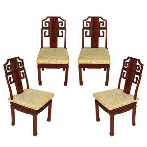 SET OF FOUR VINTAGE ROSEWOOD SIDE CHAIRS WITH CUSTOM OCHRE MARBLED MEG BRAFF DESIGNS CUSHIONS