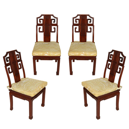 SET OF FOUR VINTAGE ROSEWOOD SIDE CHAIRS WITH CUSTOM OCHRE MARBLED MEG BRAFF DESIGNS CUSHIONS