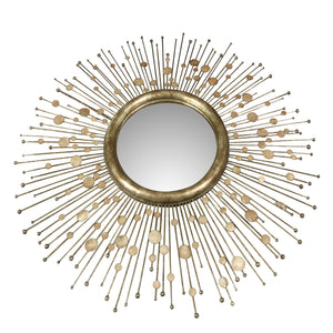 SILVER LEAF AND METAL SUNBURST BEVELED MIRROR WITH CAPIZ CIRCULAR ACCENTS