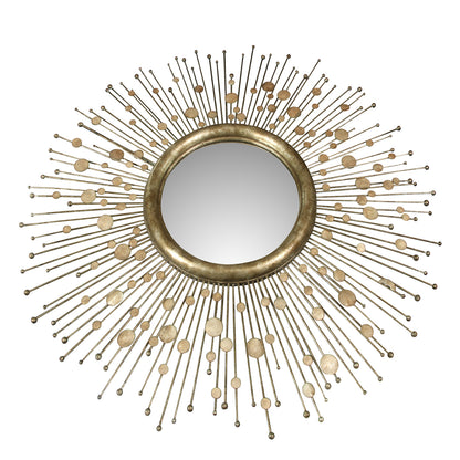 SILVER LEAF AND METAL SUNBURST BEVELED MIRROR WITH CAPIZ CIRCULAR ACCENTS