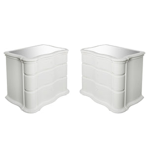 PAIR OF HOLLYWOOD REGENCY PAINTED SERPENTINE CHESTS WITH MIRRORED TOP