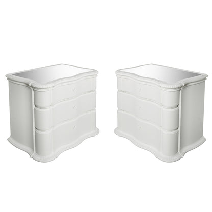 PAIR OF HOLLYWOOD REGENCY PAINTED SERPENTINE CHESTS WITH MIRRORED TOP
