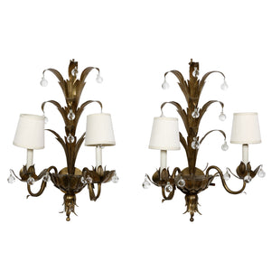 PAIR DOUBLE ARM BRASS FOLIATE SCONCES WITH HANGING GLASS SPHERES