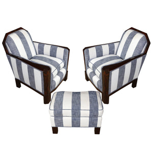 PAIR OF FRENCH DECO CHAIRS AND OTTOMAN SET IN NAUTICAL STRIPE