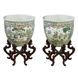 PAIR OVERSIZE CHINOISERIE PORCELAIN PLANTERS ON HEXAGONAL WOOD STAND