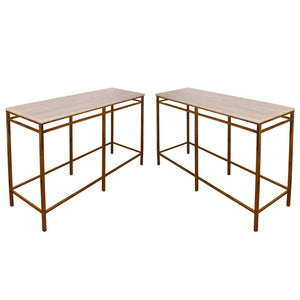 PAIR OF CUSTOM MODERN BRASS AND TRAVERTINE CONSOLE TABLES