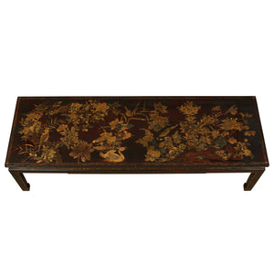 CHINOISERIE GILT DECORATED CHOCOLATE BROWN COFFEE TABLE WITH GLASS TOP