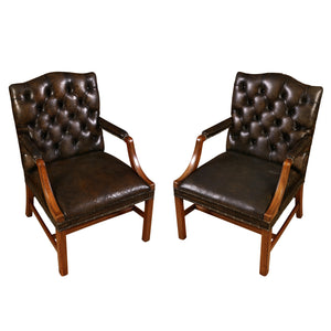 PAIR OF VINTAGE GEORGIAN PATINATED LEATHER TUFTED ARM CHAIRS