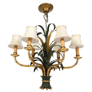 VINTAGE TOLE GREEN PALM AND GOLD BAMBOO CHANDELIER