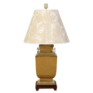 BRASS URN LAMP WITH CHINOISERIE HANDLES ON WOOD BASE