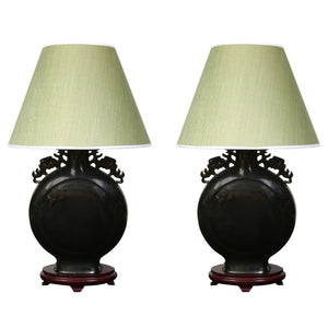 PAIR OF BLACK ASIAN LAMPS WITH FRETWORK