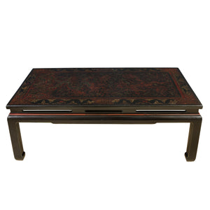 CHINESE BLACK AND ROUGE LACQUER ETCHED COFFEE TABLE