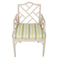 SET OF THREE WHITE PAINTED BAMBOO CHAIRS WITH GREEN STRIPED FABRIC SEATS