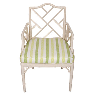 SET OF THREE WHITE PAINTED BAMBOO CHAIRS WITH UPHOLSTERED SEATS
