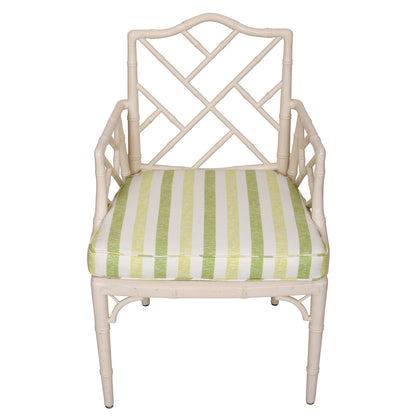 SET OF THREE WHITE PAINTED BAMBOO CHAIRS WITH UPHOLSTERED SEATS