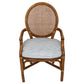 SET OF FOUR MCGUIRE STYLE RATTAN ARM CHAIRS WITH JOHN ROBSHAW CUSTOM BLUE CUSHIONS