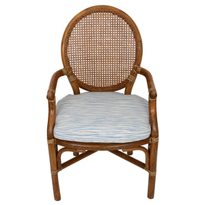 SET OF FOUR MCGUIRE STYLE RATTAN ARM CHAIRS WITH JOHN ROBSHAW CUSTOM BLUE CUSHIONS