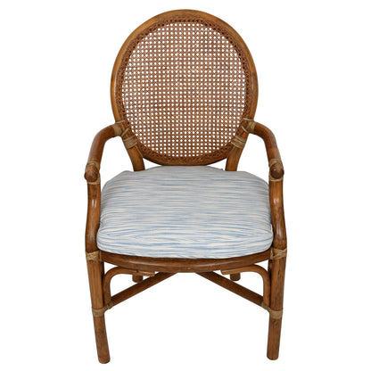 SET OF FOUR MCGUIRE STYLE RATTAN ARM CHAIRS WITH JOHN ROBSHAW CUSTOM BLUE CUSHIONS