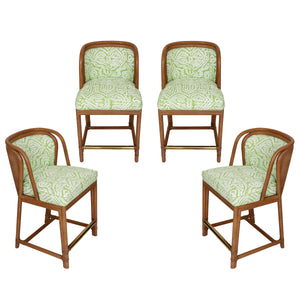 SET OF FOUR MCGUIRE BAR STOOLS  NEWLY UPHOLSTERED IN MEG BRAFF VIENNA WOODS FABRIC