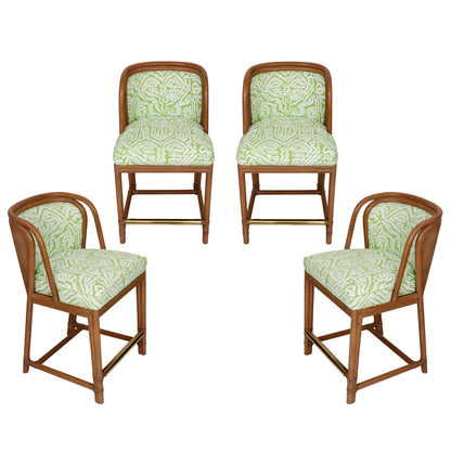 SET OF FOUR MCGUIRE BAR STOOLS  NEWLY UPHOLSTERED IN MEG BRAFF VIENNA WOODS FABRIC