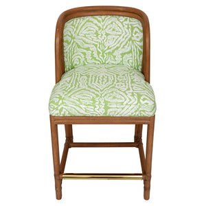 SET OF FOUR MCGUIRE BAR STOOLS  NEWLY UPHOLSTERED IN MEG BRAFF VIENNA WOODS FABRIC