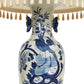 LARGE BLUE AND WHITE CHINOISERIE LAMP AND WHITE SHADE WITH TASSELS