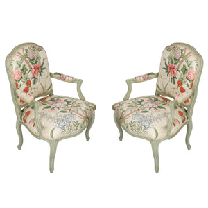 PAIR OF QUILTED CHINTZ UPHOLSTERED VINTAGE PAINTED FAUTEUILS