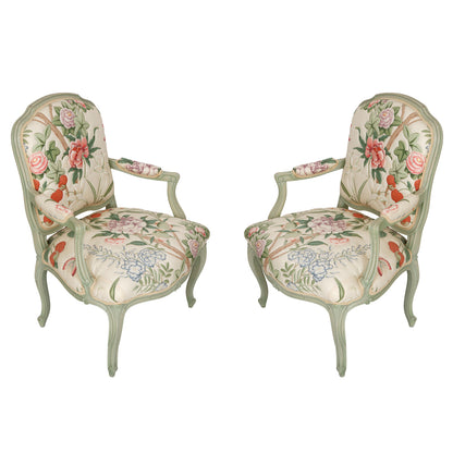 PAIR OF QUILTED CHINTZ UPHOLSTERED VINTAGE PAINTED FAUTEUILS