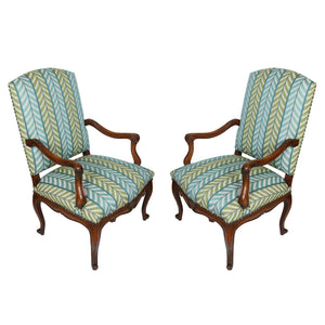 PAIR OF WALNUT REGENCE CHAIRS WITH NEW QUADRILLE  BLUE AND GREEN CHEVRON UPHOLSTERY