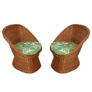 PAIR OF VINTAGE ROUND WICKER CHAIRS WITH NEWLY UPHOLSTERED SCHUMACHER CUSHIONS