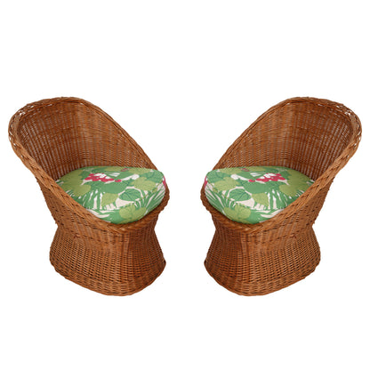 PAIR OF VINTAGE ROUND WICKER CHAIRS WITH NEWLY UPHOLSTERED SCHUMACHER CUSHIONS