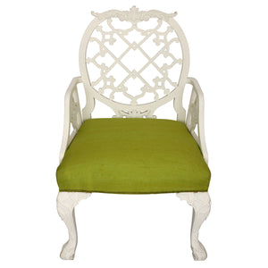 OSCAR DE LA RENTA PAINTED ARMCHAIR NEWLY UPHOLSTERED IN RAW GREEN SILK