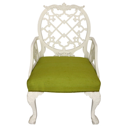 OSCAR DE LA RENTA PAINTED ARMCHAIR NEWLY UPHOLSTERED IN RAW GREEN SILK