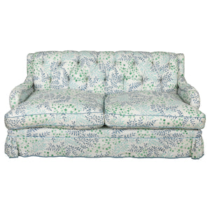 CUSTOM TUFTED ENGLISH LOVESEAT IN KATHRYN IRELAND FABRIC