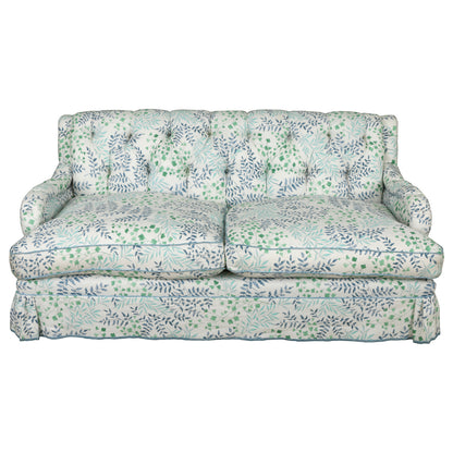 CUSTOM TUFTED ENGLISH LOVESEAT IN KATHRYN IRELAND FABRIC