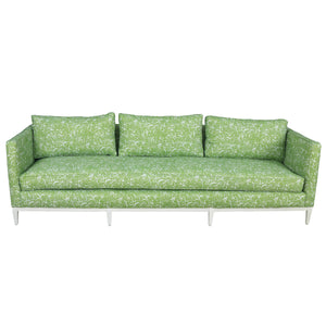 CUSTOM NARROW GREEN AND WHITE NEWLY UPHOLSTERED SOFA